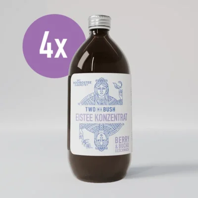 Eine Flasche Two in a Bush Eisteekonzentrat der Sorte Berry Buchu auf grauem Hintergrund